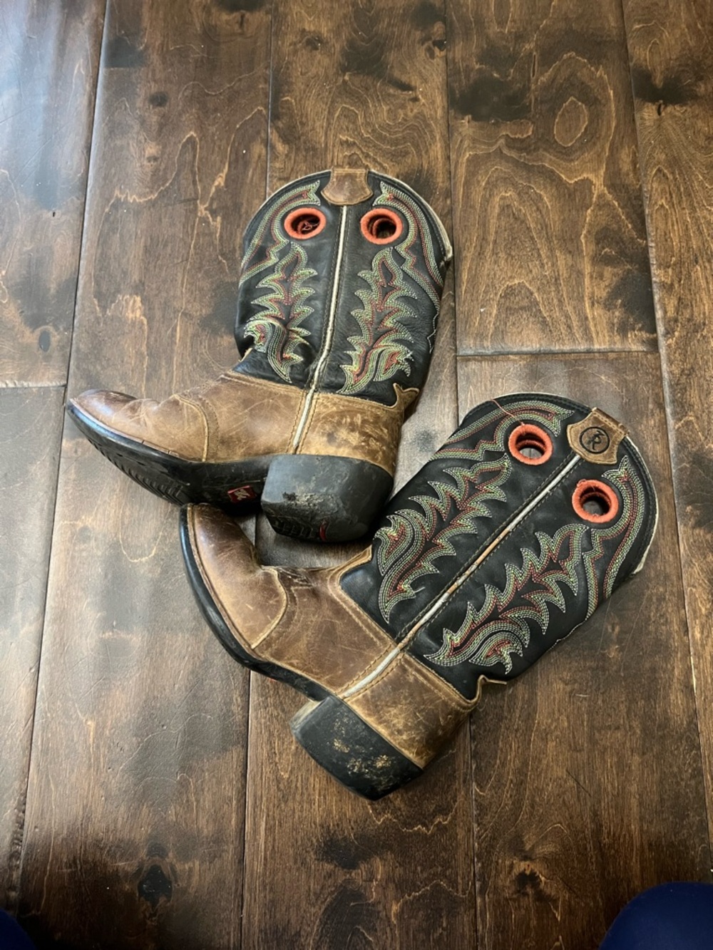 Tony Lama Brown Leather Foot Black Embroidered Shaft Kids Western Boots